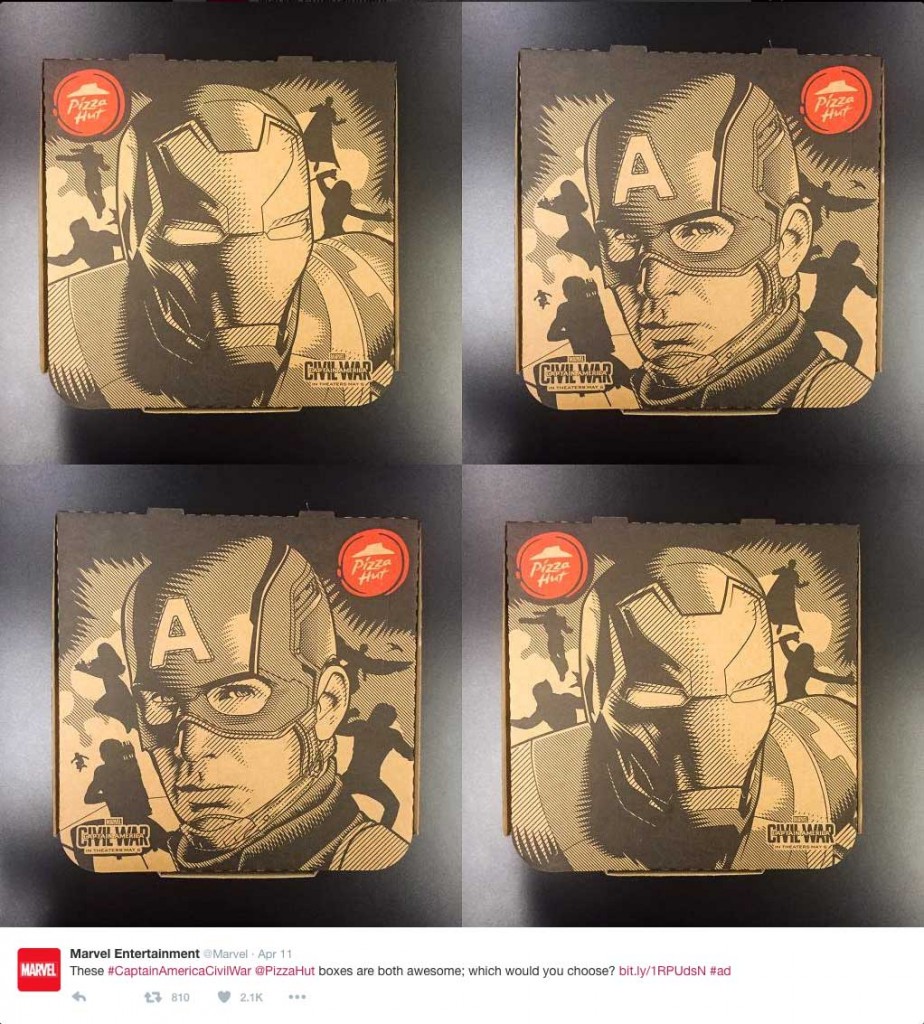 Examples of the Pizza Hut boxes, a brand partnership for Marvel's new movie